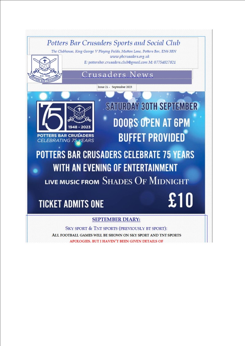 Potters Bar Crusaders Sports and Social Club, September 23 Newsletter
